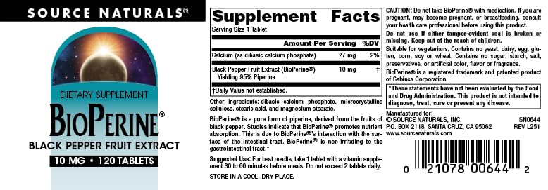 Source Naturals BioPerine - Black Pepper Fruit Extract, Promotes Nutrient Absorption* 10 mg, 120 Tablets