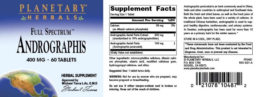 Planetary Herbals Full Spectrum Andrographis 400mg - Ayurvedic Herb - 60 Tablets