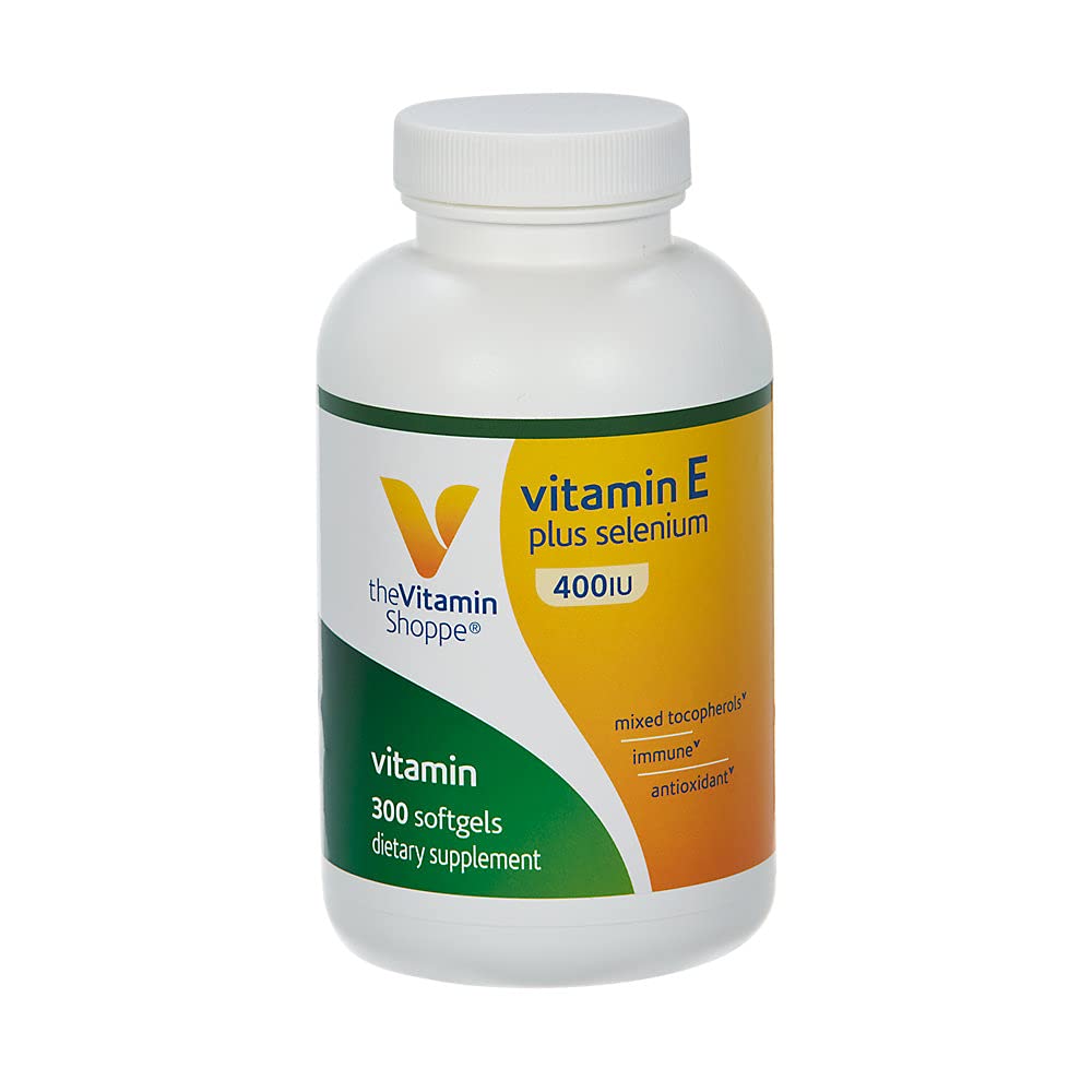 The Vitamin Shoppe Vitamin E + 400IU Selenium- 100% d-Alpha Vitamin E from Natural Food Sources with Mixed Tocopherols, Antioxidant & Immune Support - Once Daily (300 Softgels)