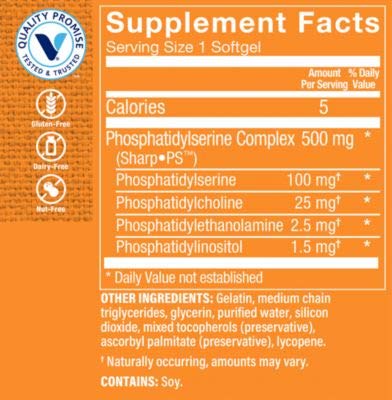 Phosphatidylserine Complex 500mg Softgel – Supports Healthy Brain Cognitive Function, Promotes Memory, Focus Brain Activity – 500mg of SharpPS™,Branded Ingredient (30 Softgels) by The Vitamin Shoppe