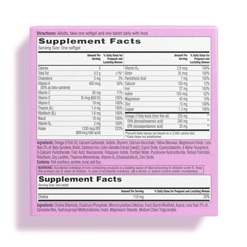 ONE A DAY Women’s Prenatal Advanced Complete Multivitamin with Brain Support* with Choline, Folic Acid, Omega-3 DHA & Iron for Pre, During & Post Pregnancy, 60+60 Ct (120 Total) (Packaging May Vary)