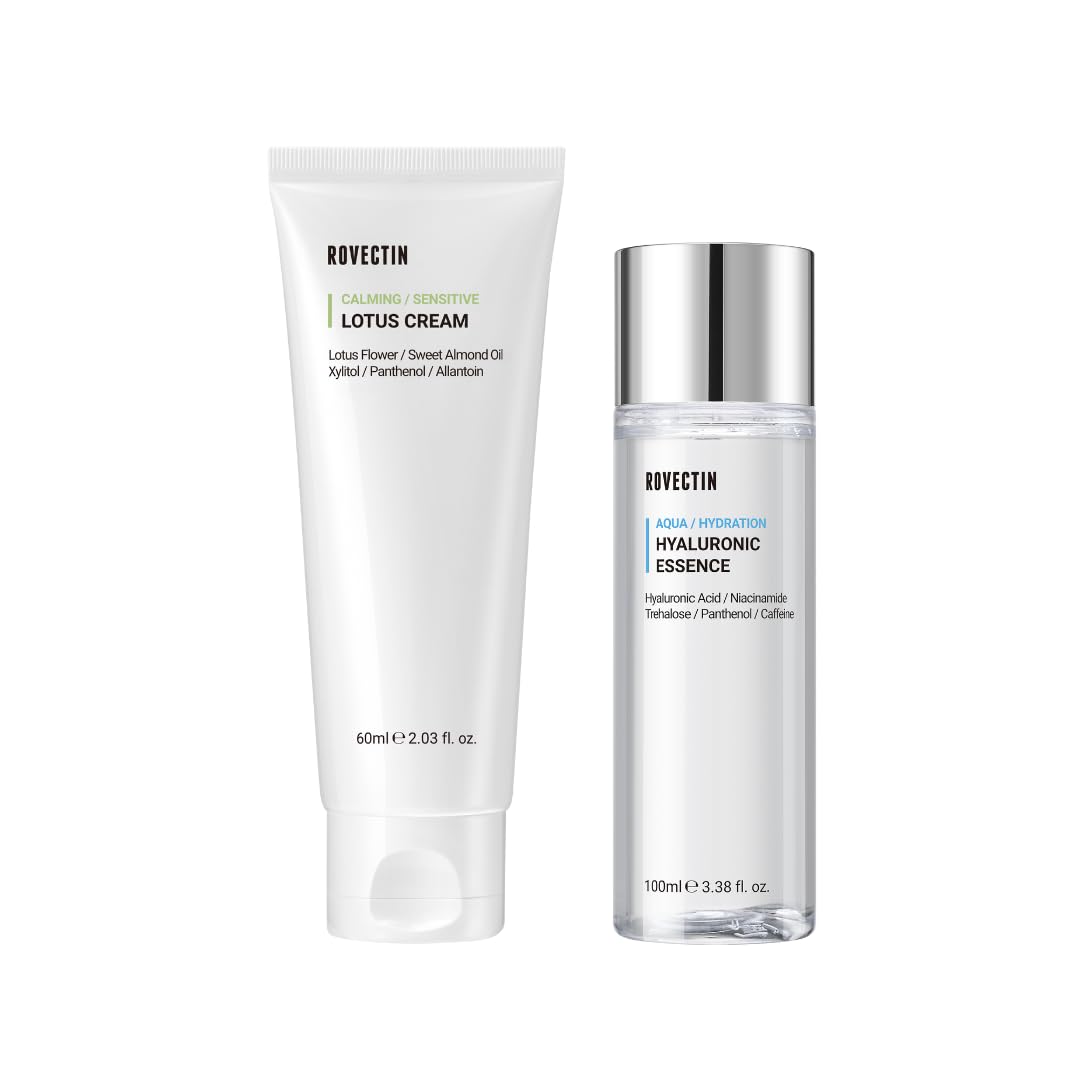 ROVECTIN 2-Step Hydrating & Calming Set – Aqua Hyaluronic Essence & Calming Lotus Cream with Niacinamide, Deep Moisturizing, Plumping, and Soothing Daily Routine, Vegan Korean Skincare Set