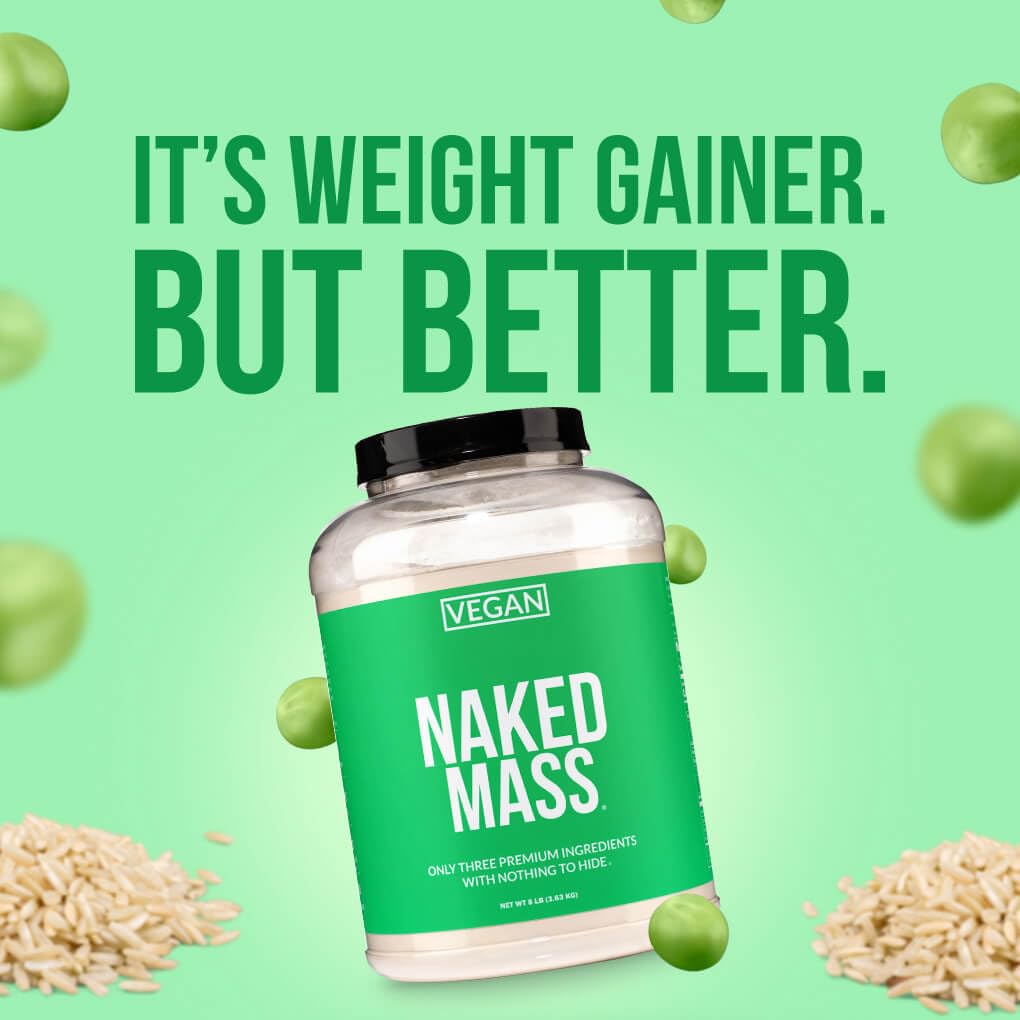 NAKED Vegan Mass - Natural Vegan Weight Gainer Protein Powder - 1,230 Calories, NSF Certified, Non-GMO, Soy & Gluten Free, No Artificial Ingredients - 8LB Bulk - 11 Servings
