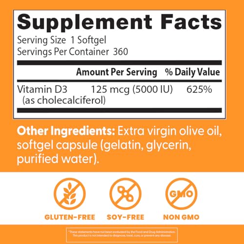 Doctor's Best Vitamin D3 5,000 IU for Healthy Bones, Teeth, Heart and Immune Support, Non-GMO, Gluten-Free, Soy Free, 360 Count (Pack of 1)