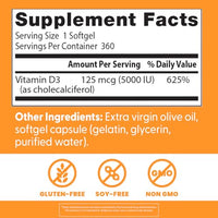 Thumbnail for Doctor's Best Vitamin D3 5,000 IU for Healthy Bones, Teeth, Heart and Immune Support, Non-GMO, Gluten-Free, Soy Free, 360 Count (Pack of 1)