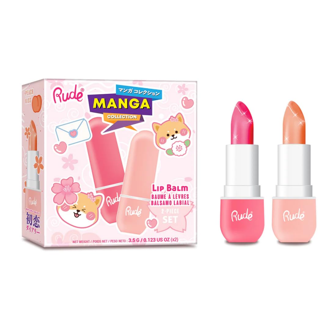 Rude Cosmetics Lip Balm Hydrating, Nourishing Lipbalm Set for Women, Lip Moisturizer for Dry Cracked Lips, Vegan & Cruelty-Free, Manga Collection/Watermelon & Peach