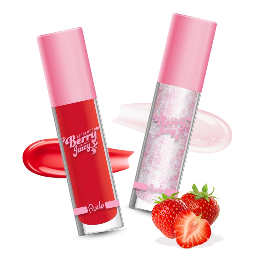 RUDE Cosmetics Berry Juicy Lip Gloss for Women, High Shine Lip Glosses Set, Moisturizing & Hydrating Lipgloss for Girls, Ideal for Day & Night Makeup Looks, Crystalize & Code Red