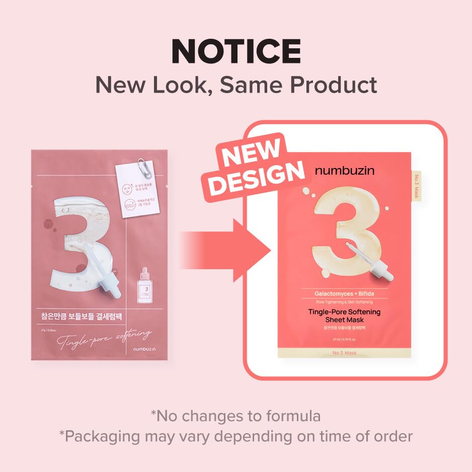 numbuzin No.3 Sheet Mask | Tingle-Pore Softening Sheet Mask | Pore Minimizing, Skin Softening Face Mask with Bifidax | Hydrates, Smooths Rough, Bumpy Skin, Improves Glow | Korean Skincare | 4 Sheets