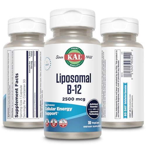 KAL Liposomal Vitamin B12 2500 mcg, High Absorption, Liposomal Technology, Cellular Energy Support, Vegan Capsules, Gluten Free, Made Without Soy, 30 Servings
