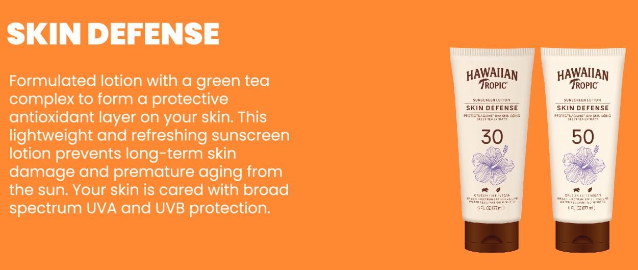 Hawaiian Tropic Skin Defense Sunscreen Lotion SPF 30, 6oz | With Green Tea Extract, Body Lotion, Oxybenzone Free
