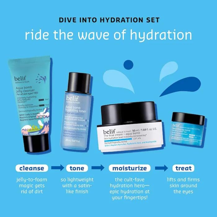 belif Aqua Bomb Dive Into Hydration Set | Korean Skin Care | Travel Essentials | Stocking Stuffer | Value Set | Gift Set for Mom | Gift for Her | Aqua Bomb, Cleansing Gel, Hydrating Toner,Eye Bomb