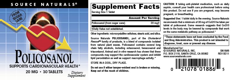 Source Naturals Policosanol, Supports Cardiovascular Health* 20 Mg Tablet, 30 Count