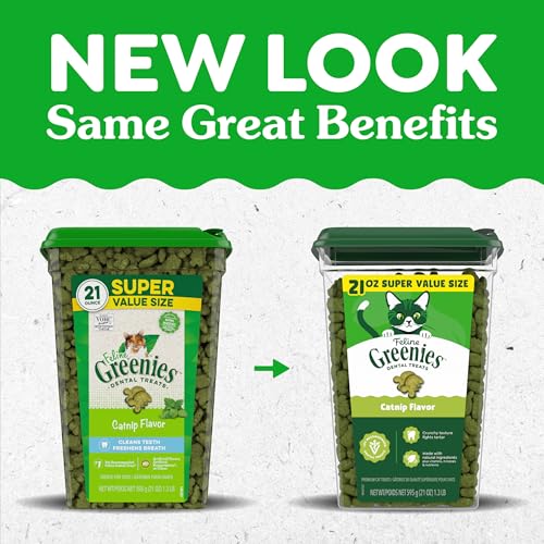 Greenies Cat Treats, Feline Veterinarian-Recommended Adult Natural Dental Treats, Catnip Flavor, 21 oz. Tub