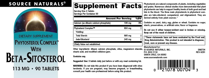 Source Naturals Phytosterol Complex with Beta-Sitosterol, Supports Healthy Cholesterol Levels*, 113 mg - 90 Tablets