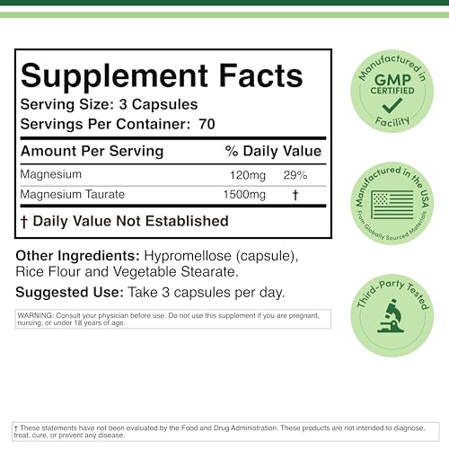 Magnesium Taurate Supplement for Cardiovascular Health to Boost Magnesium Levels (1,500mg per Serving, 210 Vegan Capsules) Non-GMO, Gluten Free, by Double Wood Supplements