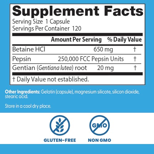 Doctor's Best Betaine HCI Pepsin & Gentian Bitters, Digestive Enzymes for Protein Breakdown & Absorption, Non-GMO, Gluten Free, 120 Caps, Original Version