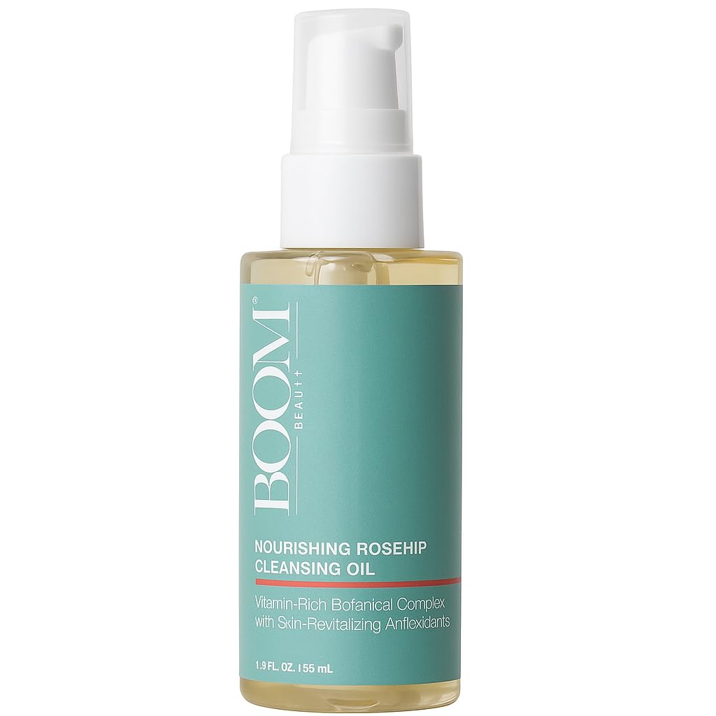BOOM! BEAUTY - Rosehip Cleansing Oil Gentle Makeup Remover - Oil Cleanser for Sensitive Skin Double Cleansing - Dermatologist Tested Face Cleanser with 14 Botanical Complex pH Balanced - 1.8 fl oz