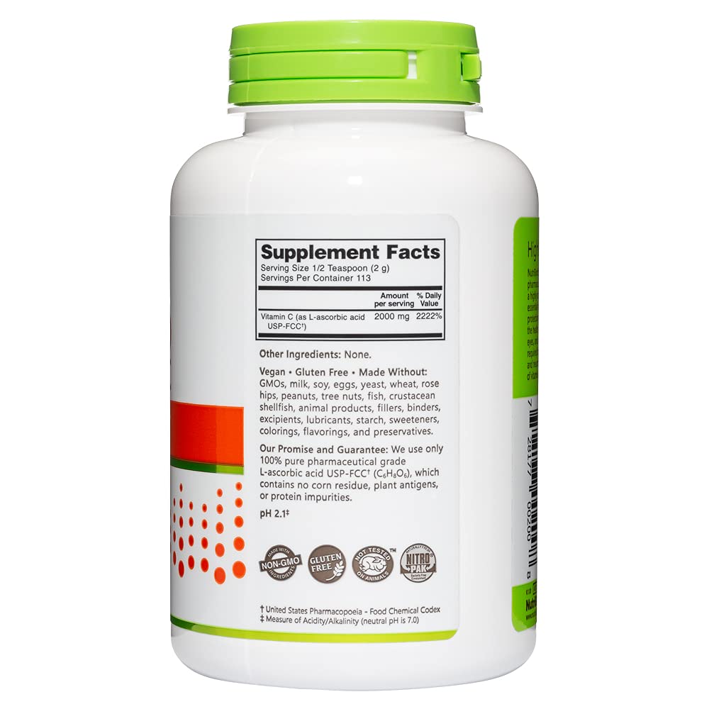 NutriBiotic Ascorbic Acid Vitamin C Powder, 8 Oz | Pharmaceutical Grade L-Ascorbic Acid, 2000 Mg Per Serving | Essential Immune & Antioxidant Collagen Support Supplement | Vegan, Gluten & GMO Free