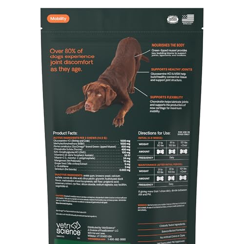 VetriScience Ultimate Strength Healthy Hip & Joint Chews, GlycoFlex Glucosamine, Chondroitin and Green-Lipped Mussel Joint Support Supplement for Dogs, Soothe Joint Discomfort, Duck, 60 Count