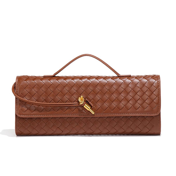 Covelin Women's Handmade Woven Evening Bag Leather Shoulder Clutch Handbag Fashion Crossbody Purse Brown