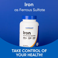 Thumbnail for Nutricost Iron (As Ferrous Sulfate) 65mg, 240 Tablets - Non-GMO, Gluten Free