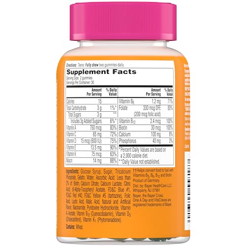 ONE A DAY Teen for Her Multivitamin Gummies, Gummy Multivitamins with Vitamin A, C, D, E and Zinc for Immune Health Support, Physical Energy & More, 60 Count (Pack of 2)