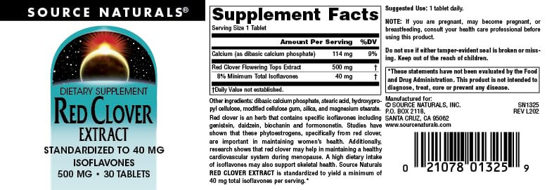 Source Naturals Red Clover Extract, 500 Mg Tablet, 30 Count