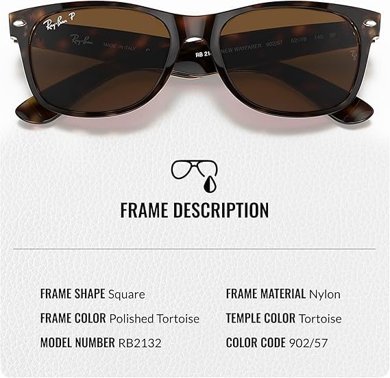 Ray-Ban RB2132 NEW WAYFARER CLASSIC POLARIZED Square Shaped Sunglasses for Men & Women – Includes Official Rayban Eyewear Kit – Ideal Formal & Casual Wear Sunglasses – B-15 Brown Lens