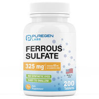Thumbnail for Puregen Labs Ferrous Sulfate 325 mg (65 mg Elemental Iron) High Potency Iron Supplement | No Artificial Color Additives - 200 Tablets Made in USA
