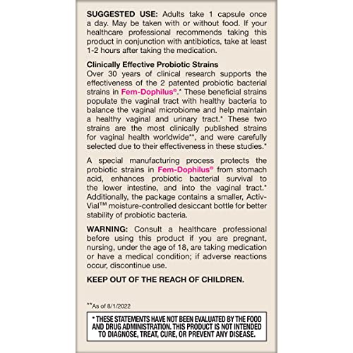 Jarrow Formulas Fem-Dophilus Vaginal Probiotics 1 Billion CFU With 2 Science-Backed Strains, Dietary Supplement For Vaginal & Urinary Tract Support, 60 Capsules, 60 Day Supply, Shelf-Stable Probiotics