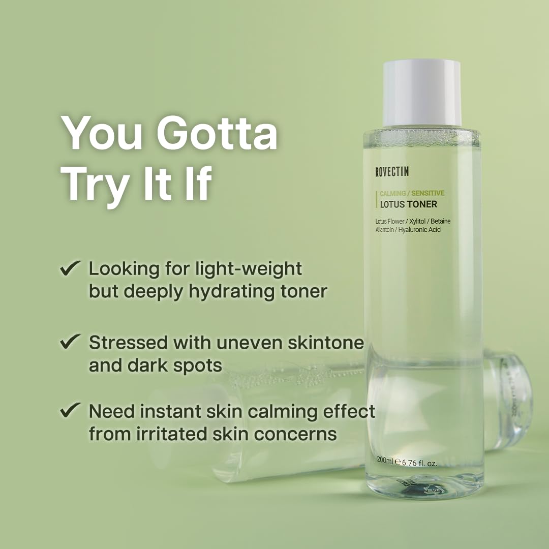 ROVECTIN Calming Lotus Water Toner - pH4.7 Extra Soothing and Hydrating for Trouble Care | 40% Lotus Flower Extract for Purifying | Hyaluronic Acid, Alcohol-Free, Vegan, K-beauty(6.76 fl oz)