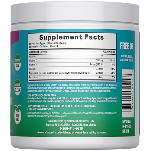 Natural Vitality Calm Magnesium Plus Calcium 8oz Powder | Raspberry Lemon Flavored Premium Balanced Drink Mix | Non-GMO & Gluten Free Supplement