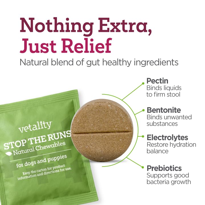Vetality Stop The Runs | Dog Anti Diarrhea Medicine | 6 Count Chewable | Chicken Flavor