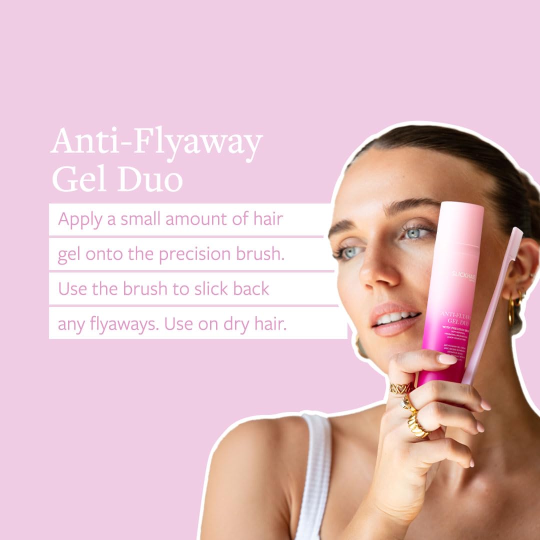 SlickHair Anti-Flyaway Gel Duo, Gel Duo with precision brush for Flyaways, Anti-Flyaway Gel Duo for Women and Children, Refreshes and Nourishes Hair, Strong Hold, Non Flakey and Non Greasy - 100ml