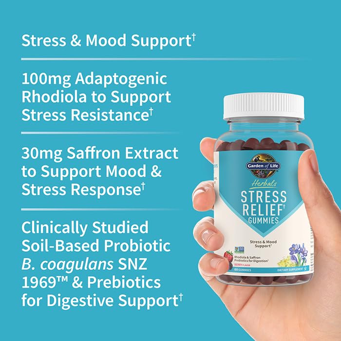Garden of Life Herbals Stress Relief Gummy with Rhodiola & Saffron for Positive Mood & Stress Response Plus Prebiotics & Probiotics for Digestive Support, Gluten-Free, Berry Flavor, 30 Servings