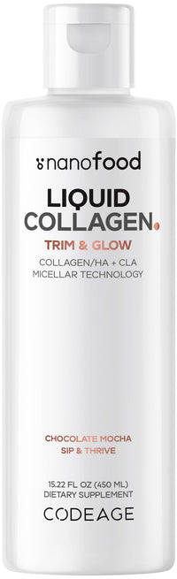 Thumbnail for Codeage Liquid Collagen Supplement Chocolate Flavor, Beauty Trim & Glow Liposomal Collagen Peptides, CLA Conjugated Linoleic Acid, Hyaluronic Acid, Vitamin E, Hydrolyzed, Non-GMO, 15.22 fl oz