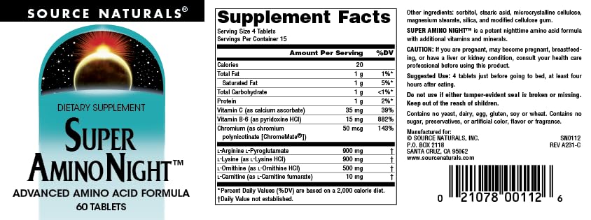Source Naturals Super Amino Night - Advanced Amino Acid Formula - 60 Capsules