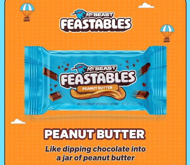 Feastables MrBeast Peanut Butter Milk Chocolate Chocolate Bar, Full Size Bar for Adults & Kids, Candy Bars, Snacks, Gifts, & Dessert, Fairtrade Cocoa, 1.24 Oz Each, 5 Count