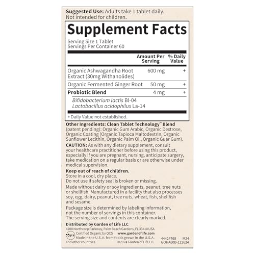 Garden of Life Organic Ashwagandha Supplement with Probiotics & Ginger - Stress, Mood & Energy Support, Vegan, Gluten Free, Non GMO, 2 Month Supply, 60 Tablets