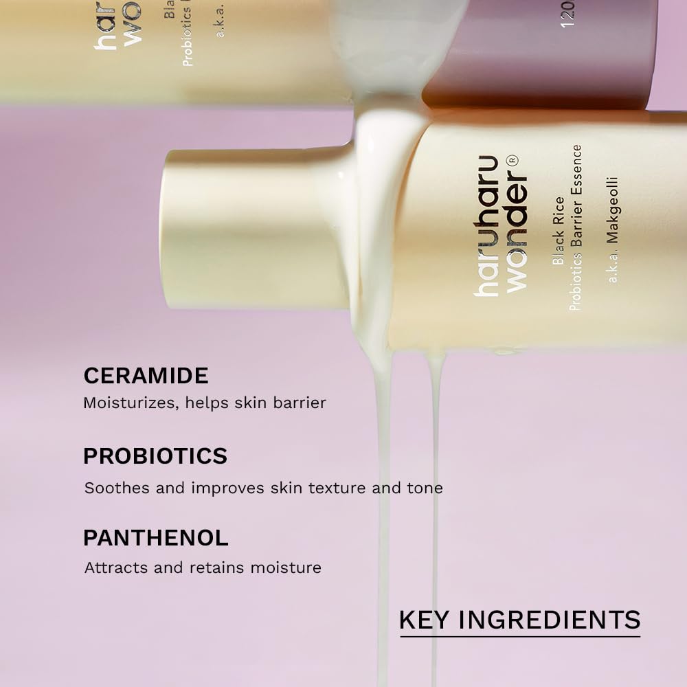 haruharu Wonder Black Rice Probiotics Barrier Essence, Skin Flooding & Layering, Strengthens Skin Barrier, Moisturizes, Glowy Radiant Skin, Ceramide & Panthenol, 4.05 fl.oz