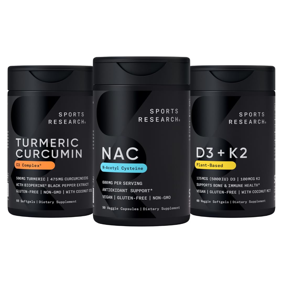 Sports Research® Vitamin D3 K2 with Coconut Oil, Turmeric Curcumin C3 Complex Softgels with Bioperine Black Pepper Extract & Organic Coconut Oil and N-Acetyl L-Cysteine (NAC) 600mg Veggie Capsules