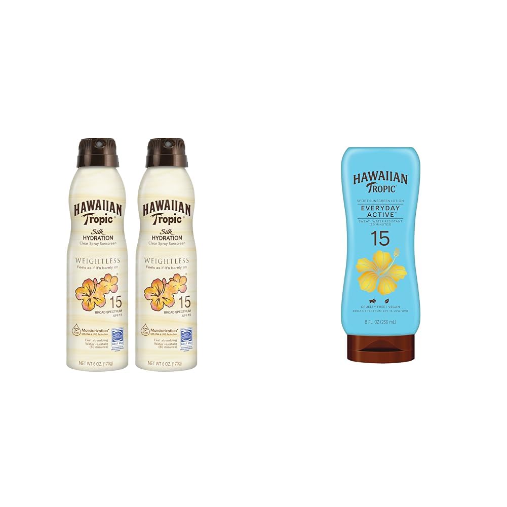 Hawaiian Tropic Weightless Hydration Clear Spray Sunscreen SPF 15 Twin Pack 6oz Each & Everyday Active Lotion Sunscreen SPF 15 8oz