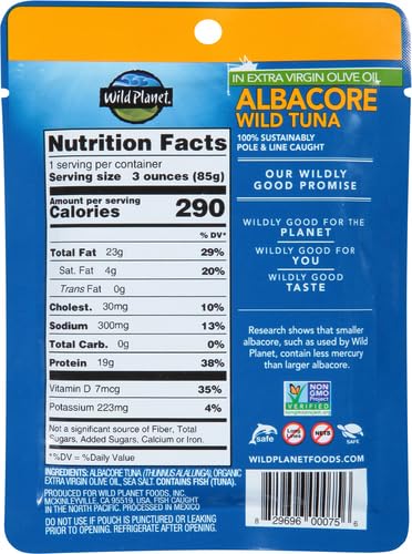 Wild Planet Albacore Wild Tuna, Sea Salt, Pouch, Keto & Paleo, 3rd Party Mercury Tested, 3 Ounce (Pack of 24)