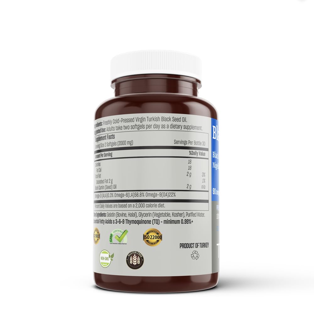 TALYA Black Seed Oil Softgel with High Thymoquinone - Immune Support - Digestive Health - Brain Function - Joint Mobility - Cold-Pressed - Non-GMO - Turkish Black Cumin Seed 90 Capsule