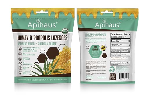 Apihaus Honey and Propolis Lozenges with Eucalyptus, Freshens Breath - Soothes a Throat- Immune Support with Vitamin C, Vitamin D and Zinc, 20 Count