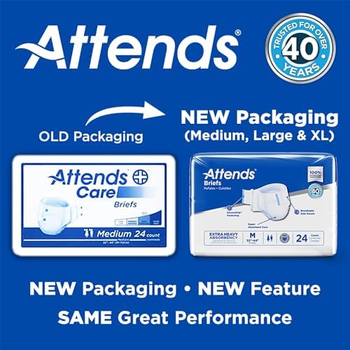 Attends Care Incontinence Disposable Briefs, Medium, 32"-44" Waist Tab Closure, Heavy Absorbency, Premium Softness and Breathable Fabric, 24ct Bag