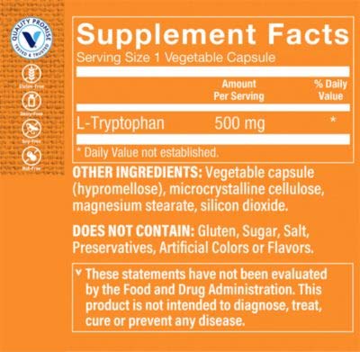 The Vitamin Shoppe L-Tryptophan 500MG, Supports Relaxation, Positive Mood & Sleep (60 Veggie Capsules)
