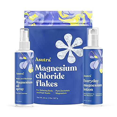 ASUTRA Ultimate Topical Magnesium Bundle, 4 fl oz Magnesium Oil Spray, 2 lb Bag of Bath Flakes, 6.76 fl oz Everyday Lotion, Derived from Zechstein Seabed
