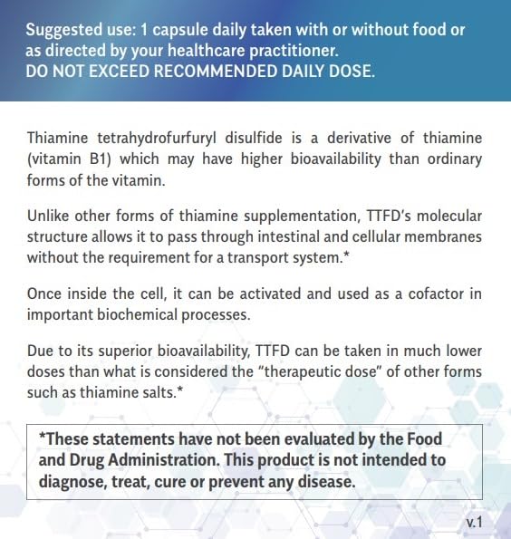 Objective Nutrients Thiamax Vitamin B1 (Thiamine TTFD) Capsules, No Fillers or Flow Agents, 100mg, 180 Count