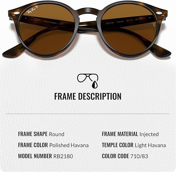 Ray-Ban RB2180 POLARIZED Round Shaped Sunglasses for Men & Women – Includes Official Rayban Eyewear Kit – Ideal Formal & Casual Wear Sunglasses – B-15 Brown Lens